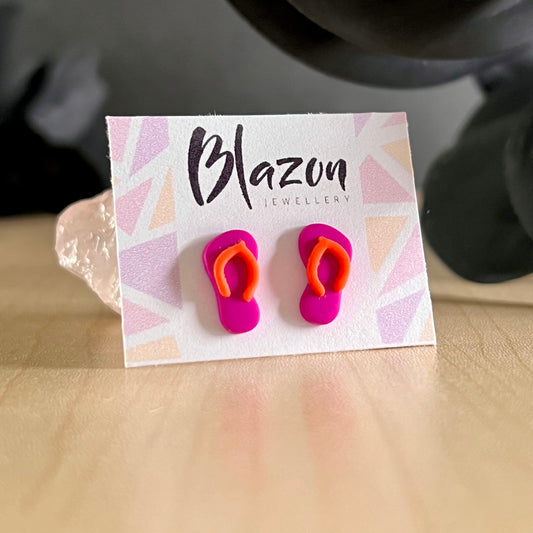 Thongs / flip flops studs, dark pink with orange, handmade earrings