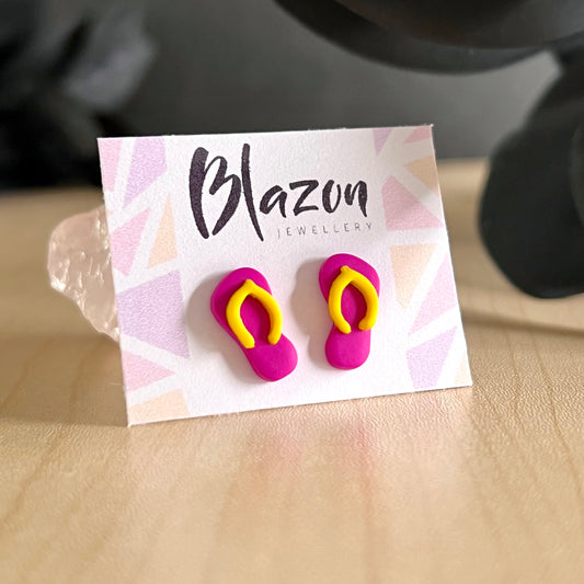 Thongs / flip flops studs, dark pink with yellow, handmade earrings