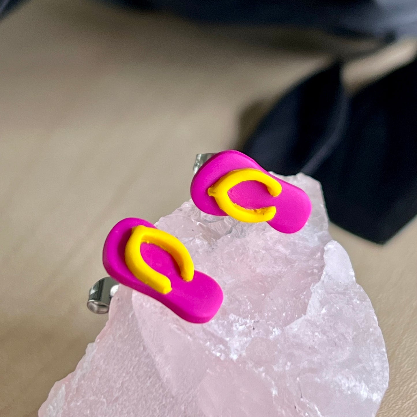 Thongs / flip flops studs, dark pink with yellow, handmade earrings