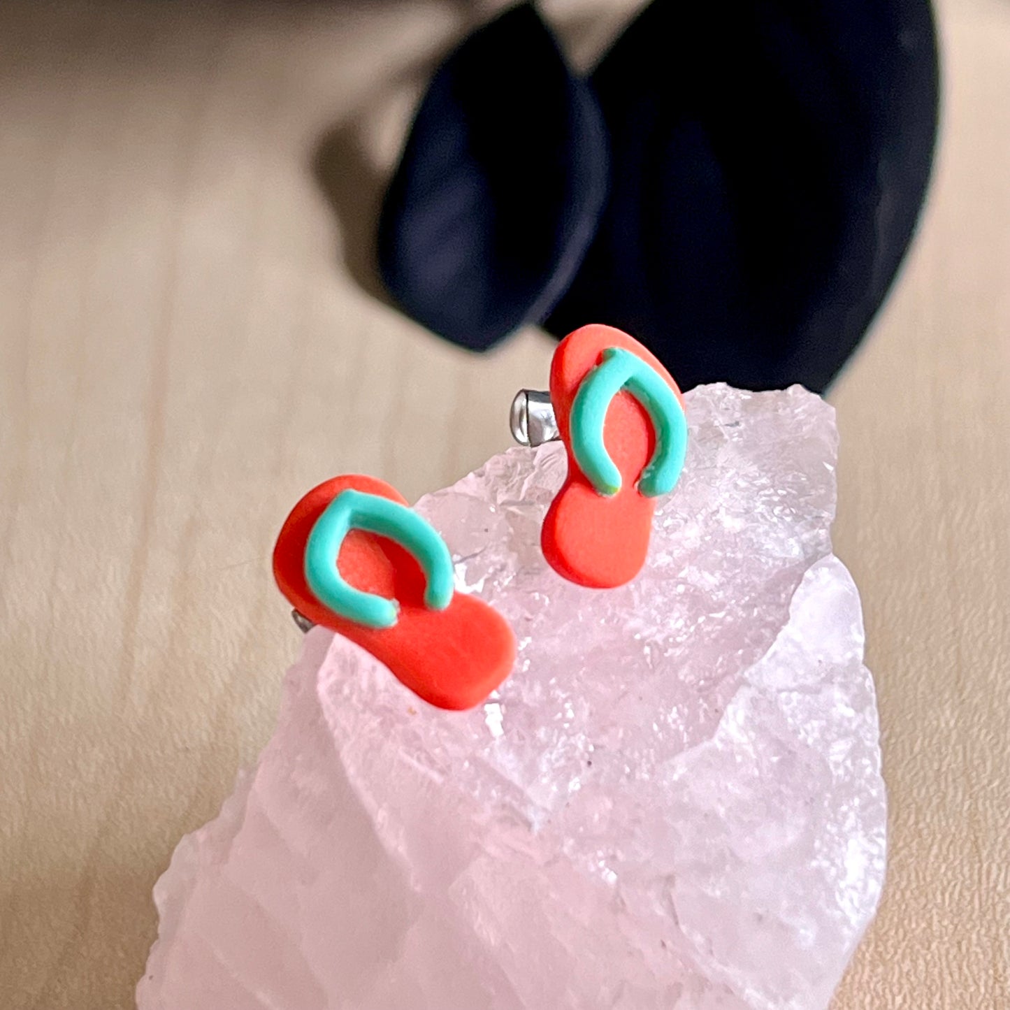 Thongs / flip flops studs, orange with Fiji blue, handmade earrings