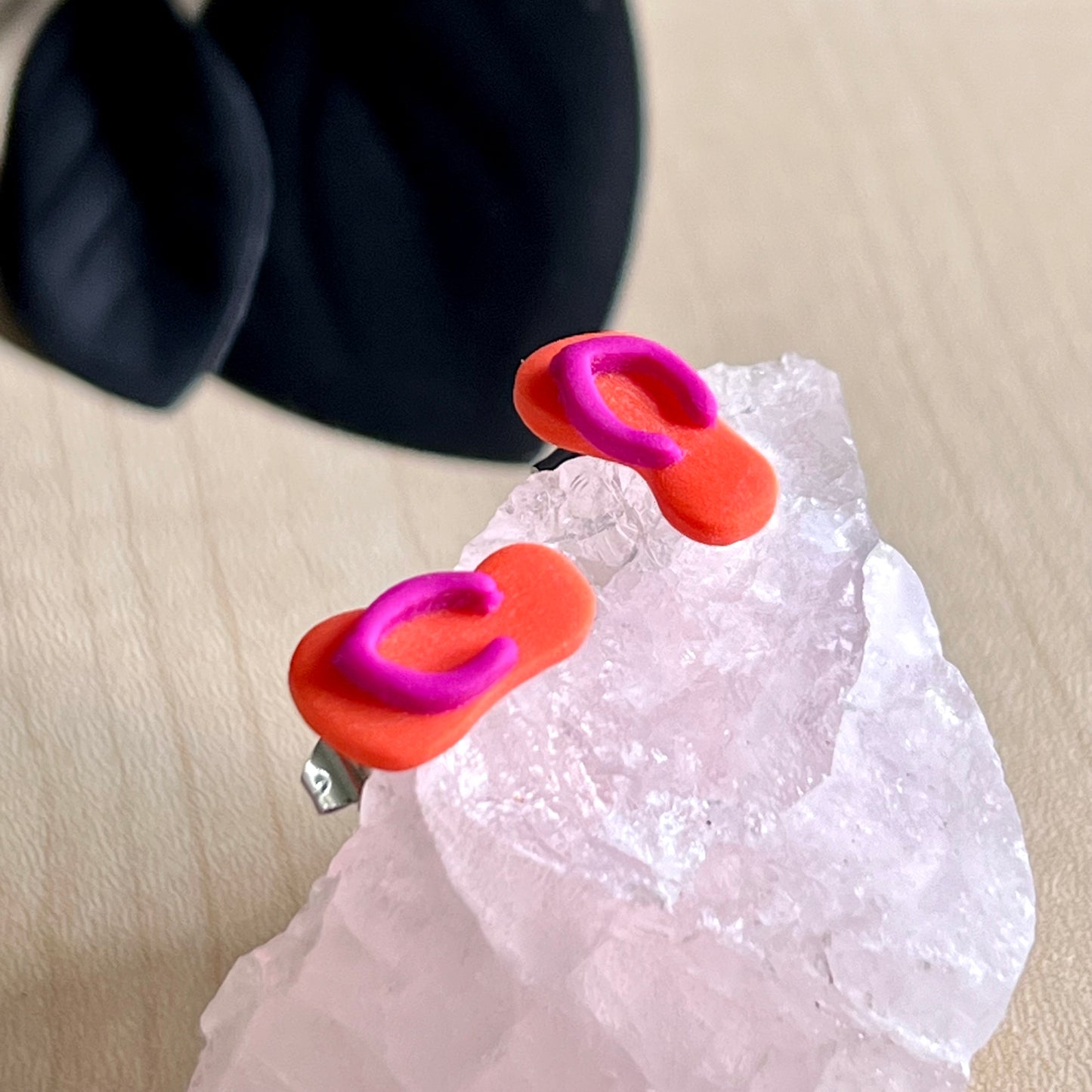 Thongs / flip flops studs, orange with dark pink, handmade earrings