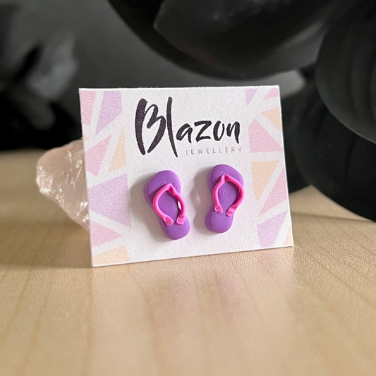 Thongs / flip flops studs, purple with pink, handmade earrings
