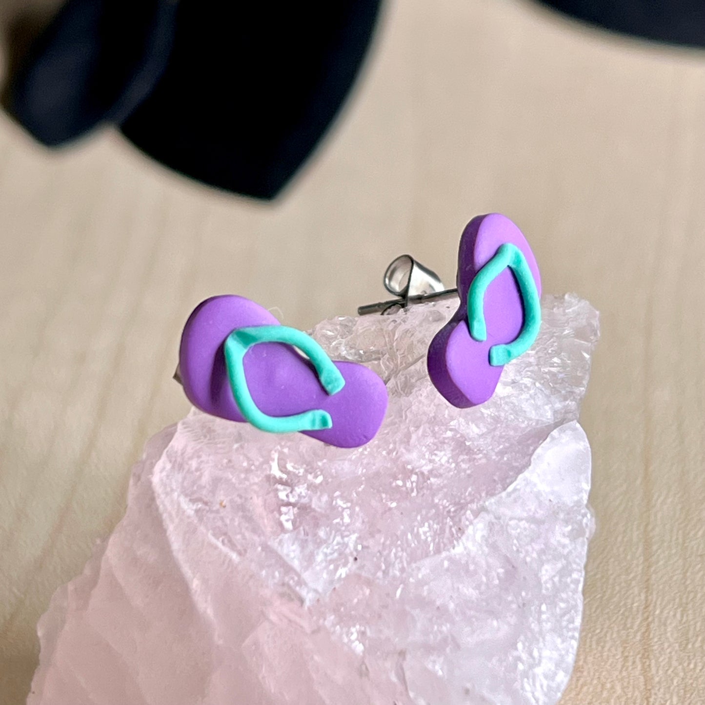 Thongs / flip flops studs, purple with Fiji blue, handmade earrings