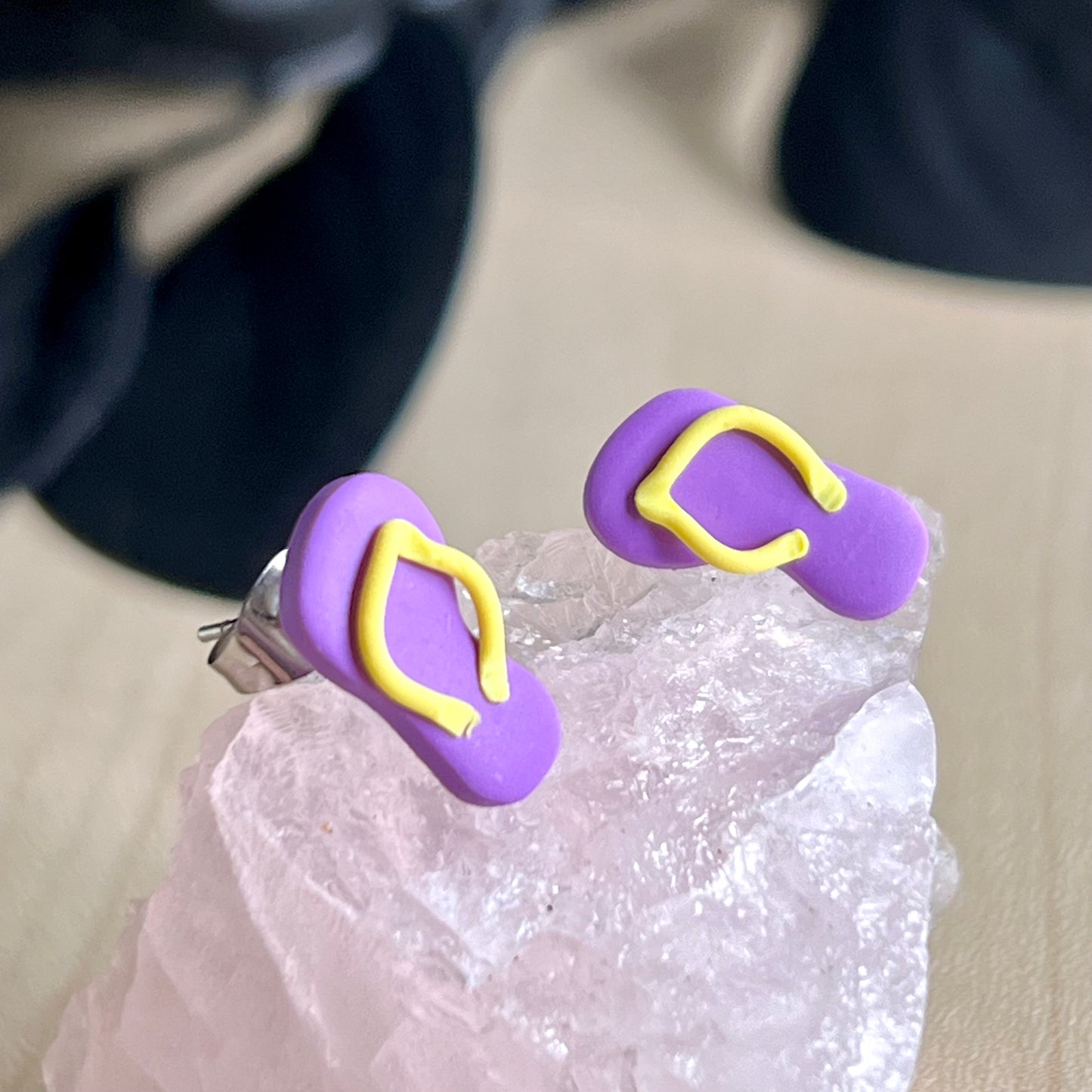 Thongs / flip flops studs, purple with yellow, handmade earrings