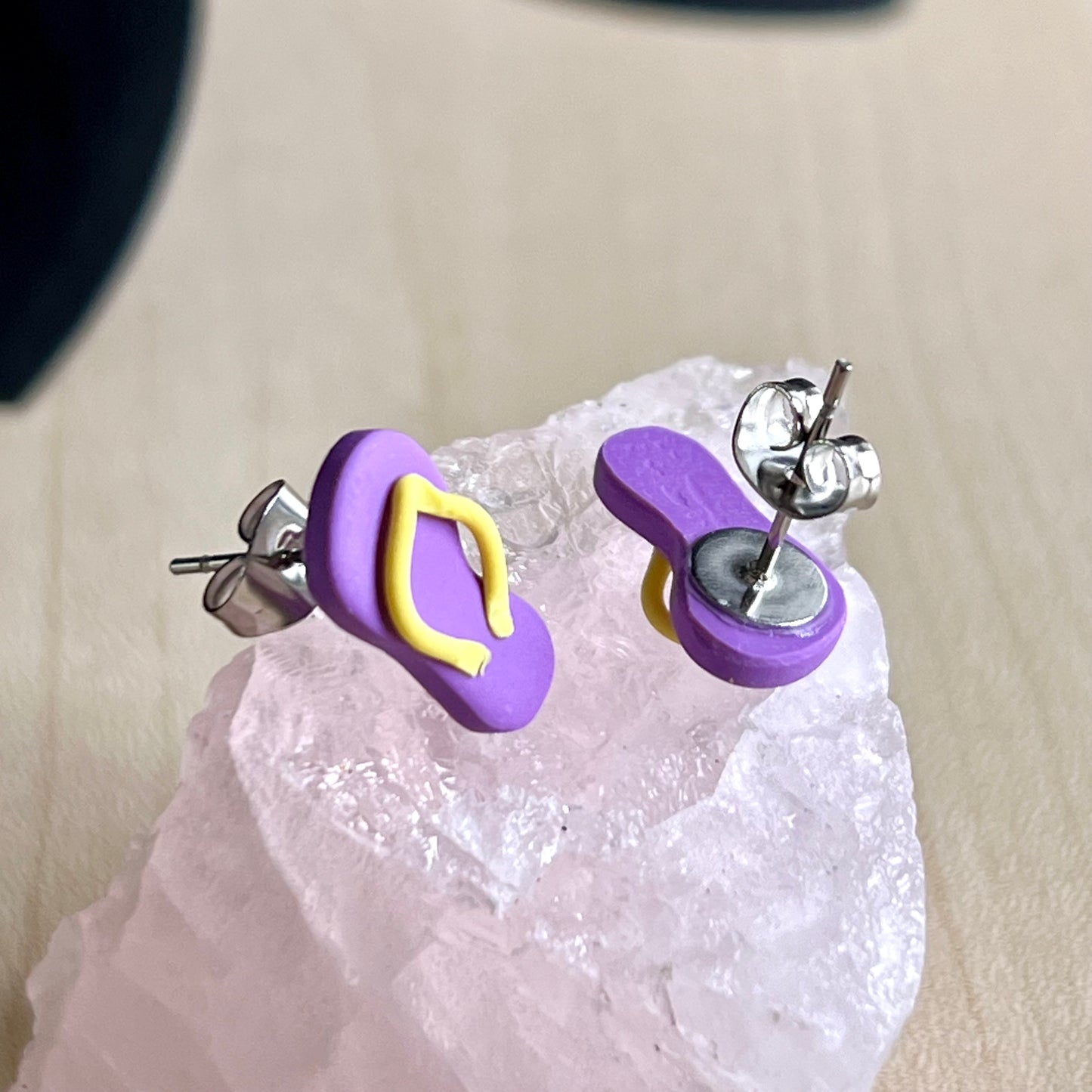 Thongs / flip flops studs, purple with yellow, handmade earrings