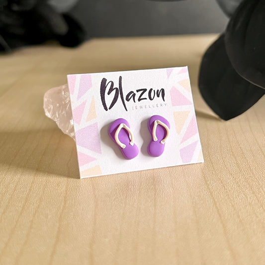Thongs / flip flops studs, purple with white, handmade earrings
