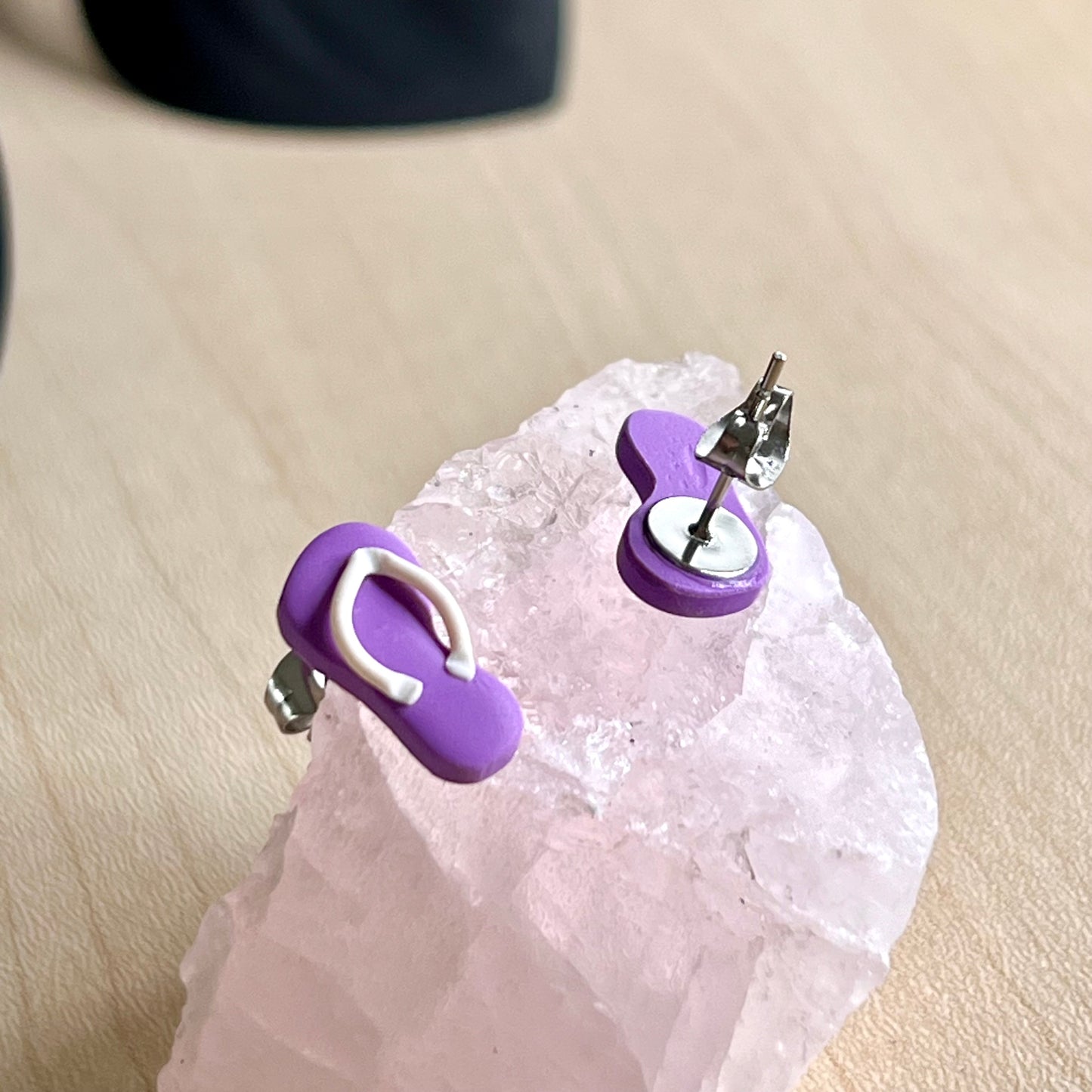 Thongs / flip flops studs, purple with white, handmade earrings