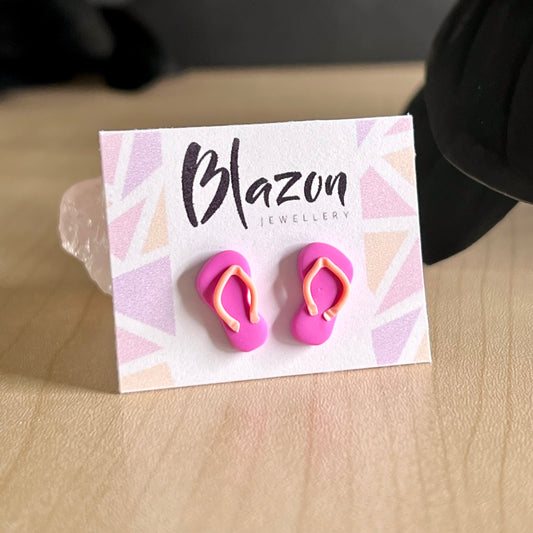 Thongs / flip flops studs, pink with peach, handmade earrings