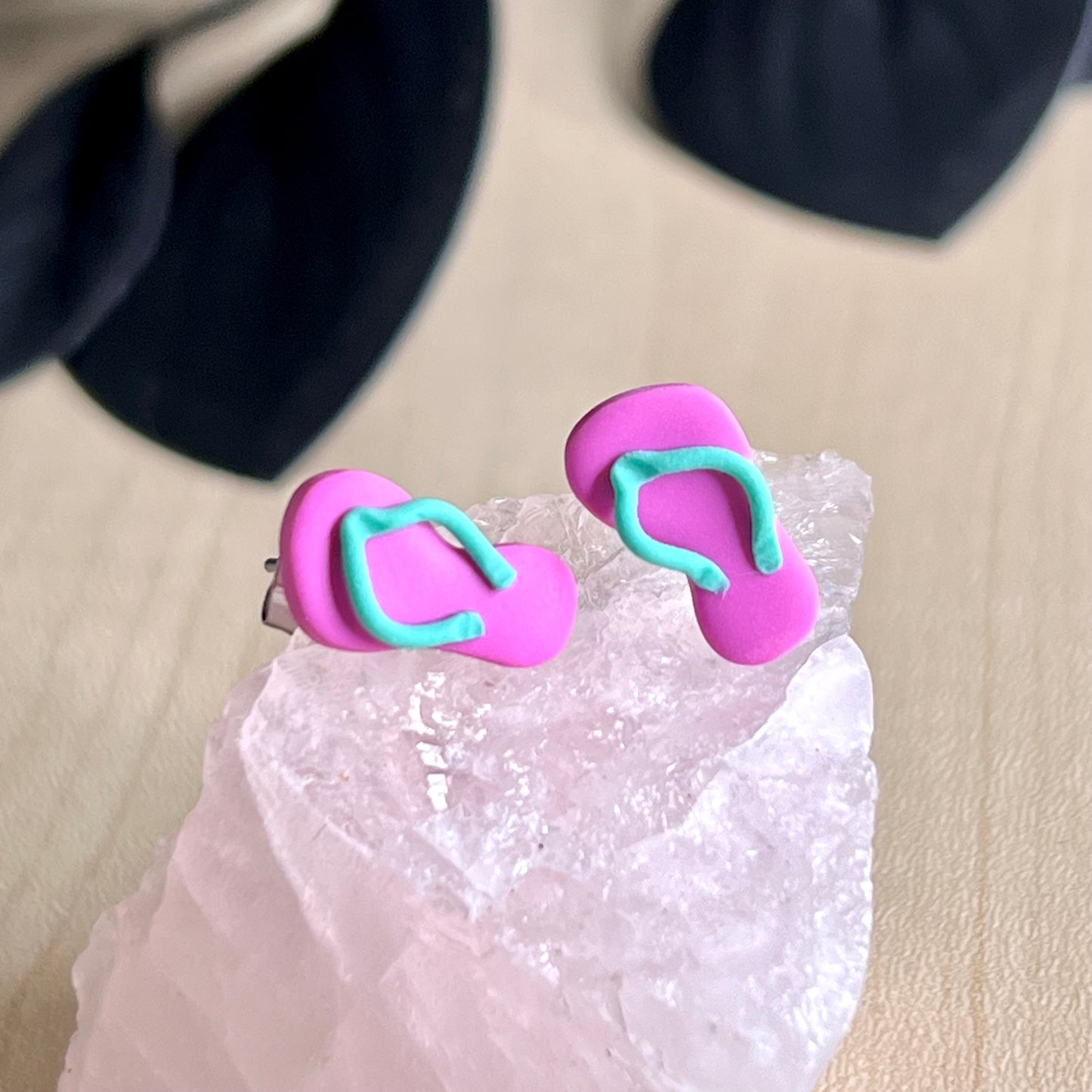 Thongs / flip flops studs, pink with Fiji blue, handmade earrings