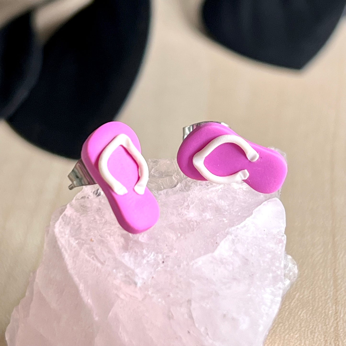 Thongs / flip flops studs, pink with white, handmade earrings