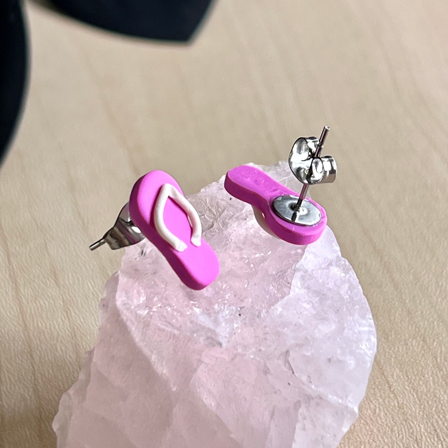 Thongs / flip flops studs, pink with white, handmade earrings