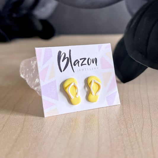 Thongs / flip flops studs, lemon yellow with white, handmade earrings