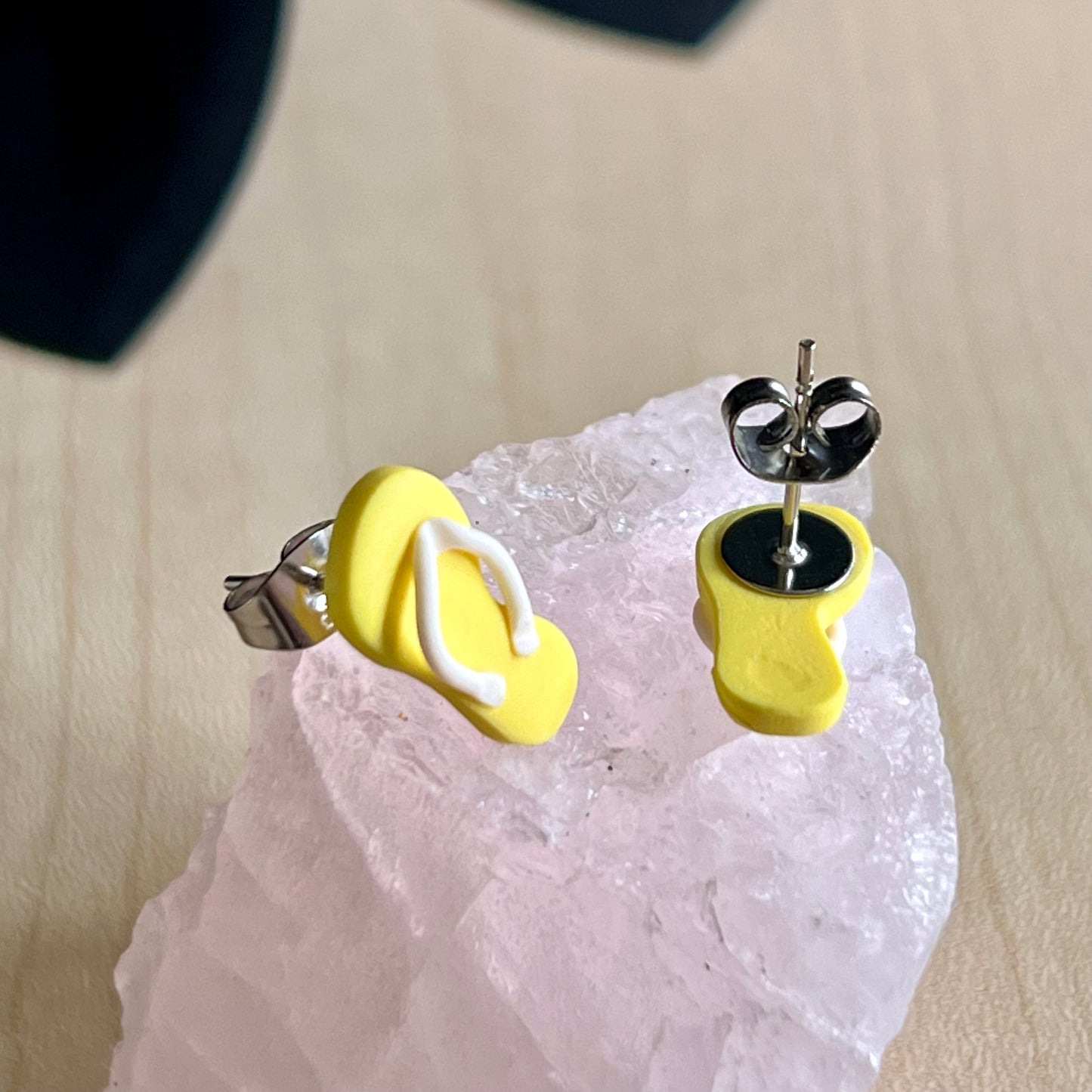 Thongs / flip flops studs, lemon yellow with white, handmade earrings