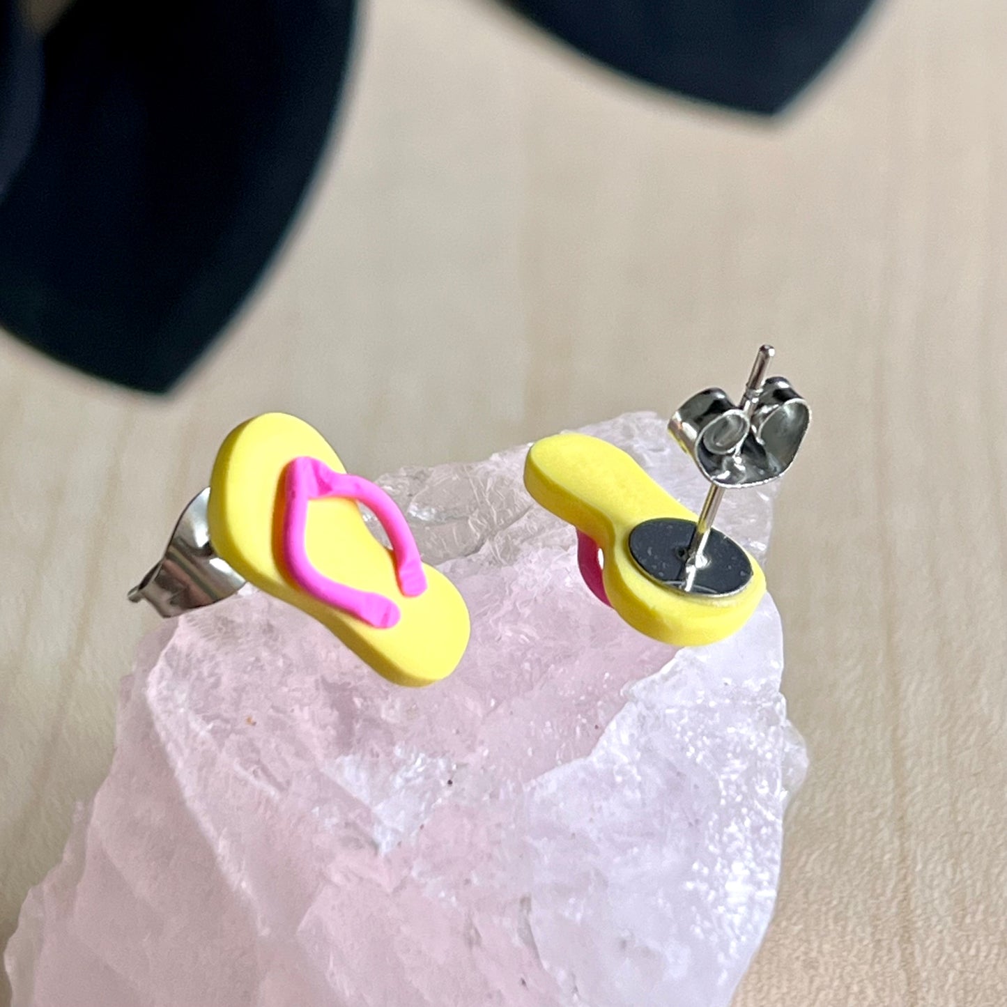 Thongs / flip flops studs, lemon yellow with pink, handmade earrings