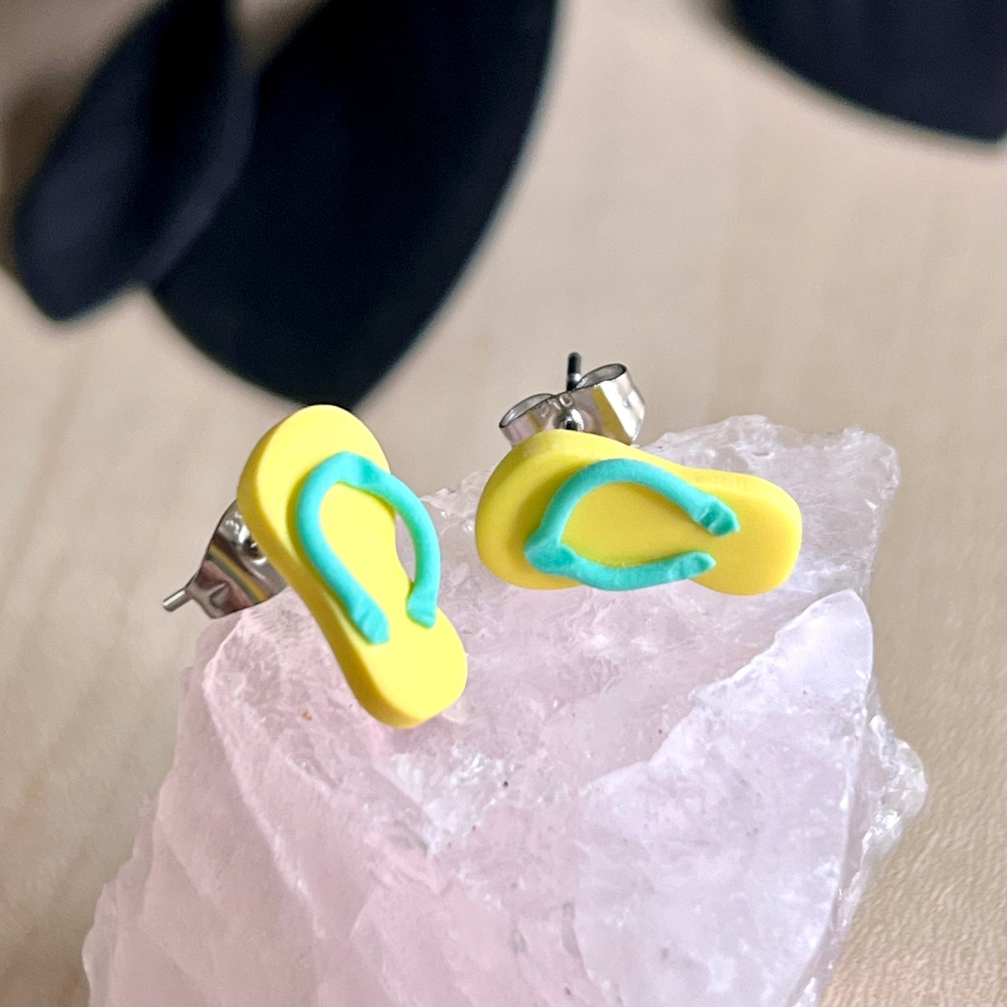 Thongs / flip flops studs, lemon yellow with Fiji blue, handmade earrings