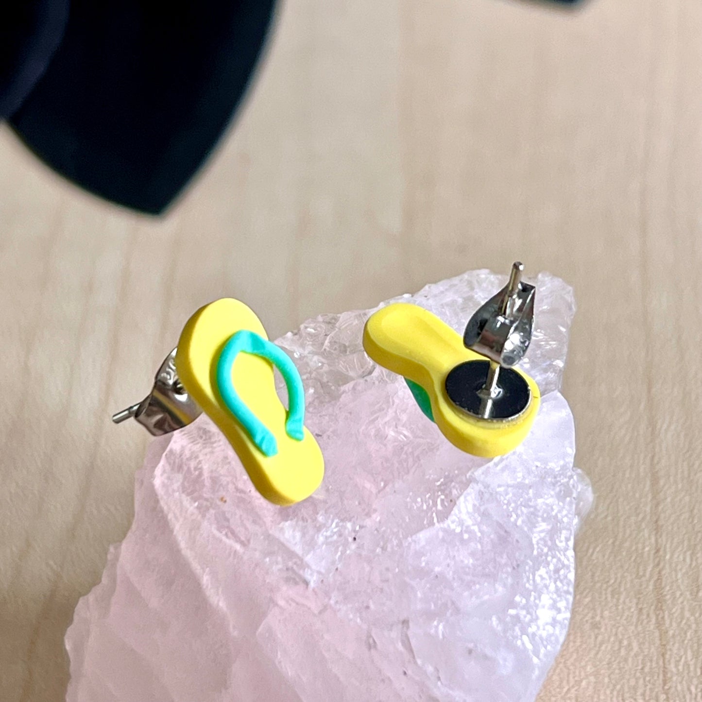 Thongs / flip flops studs, lemon yellow with Fiji blue, handmade earrings