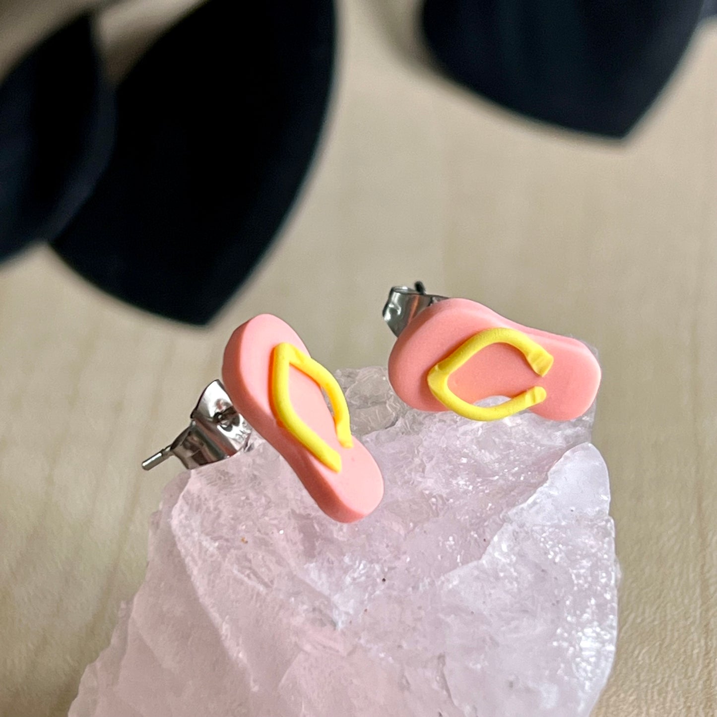 Thongs / flip flops studs, peach with yellow, handmade earrings