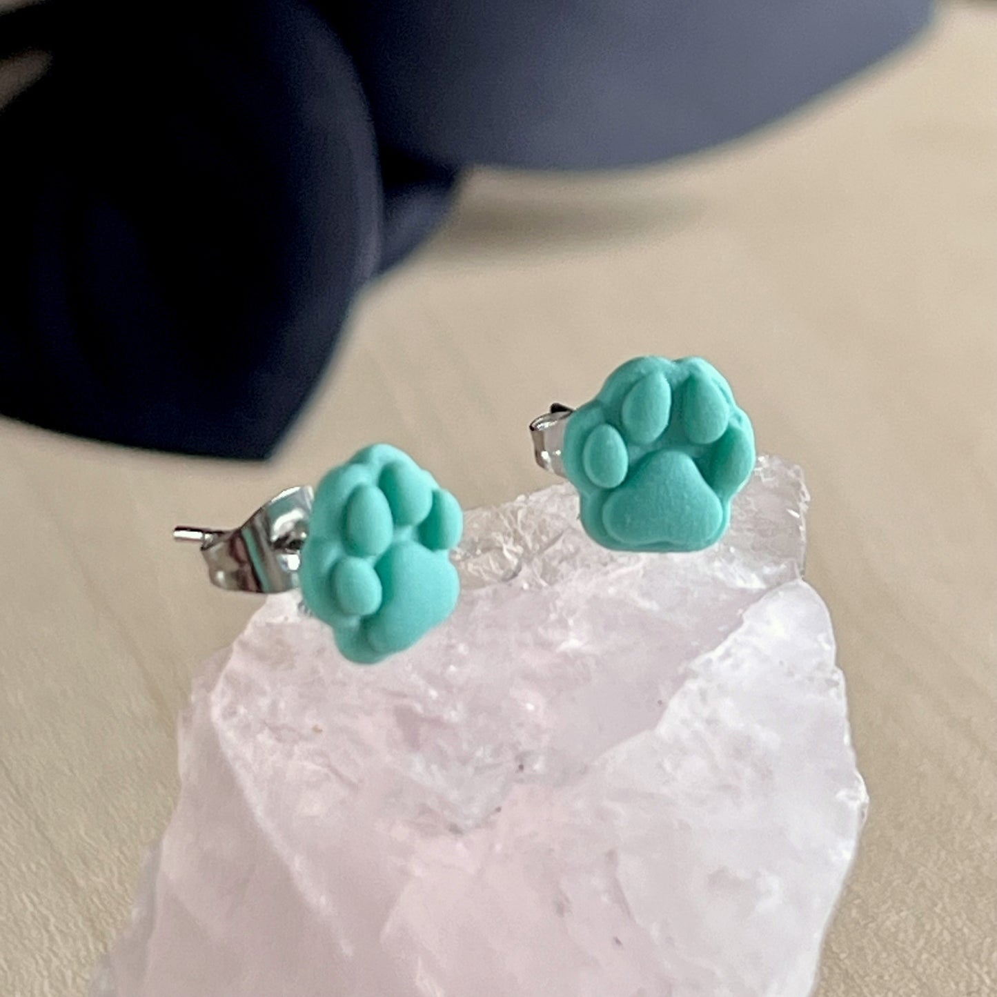 Small Paw print studs, Fiji blue, handmade earrings