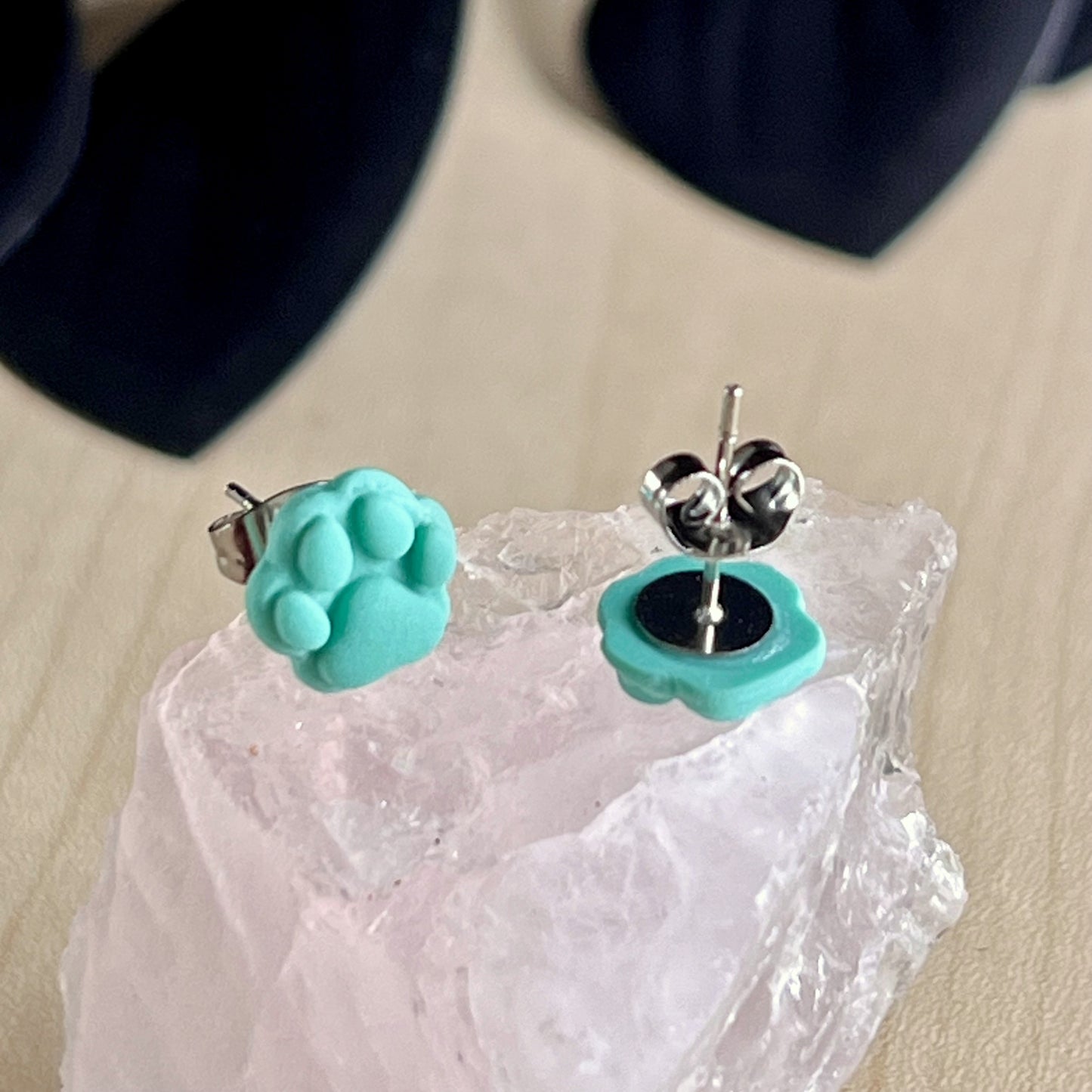 Small Paw print studs, Fiji blue, handmade earrings