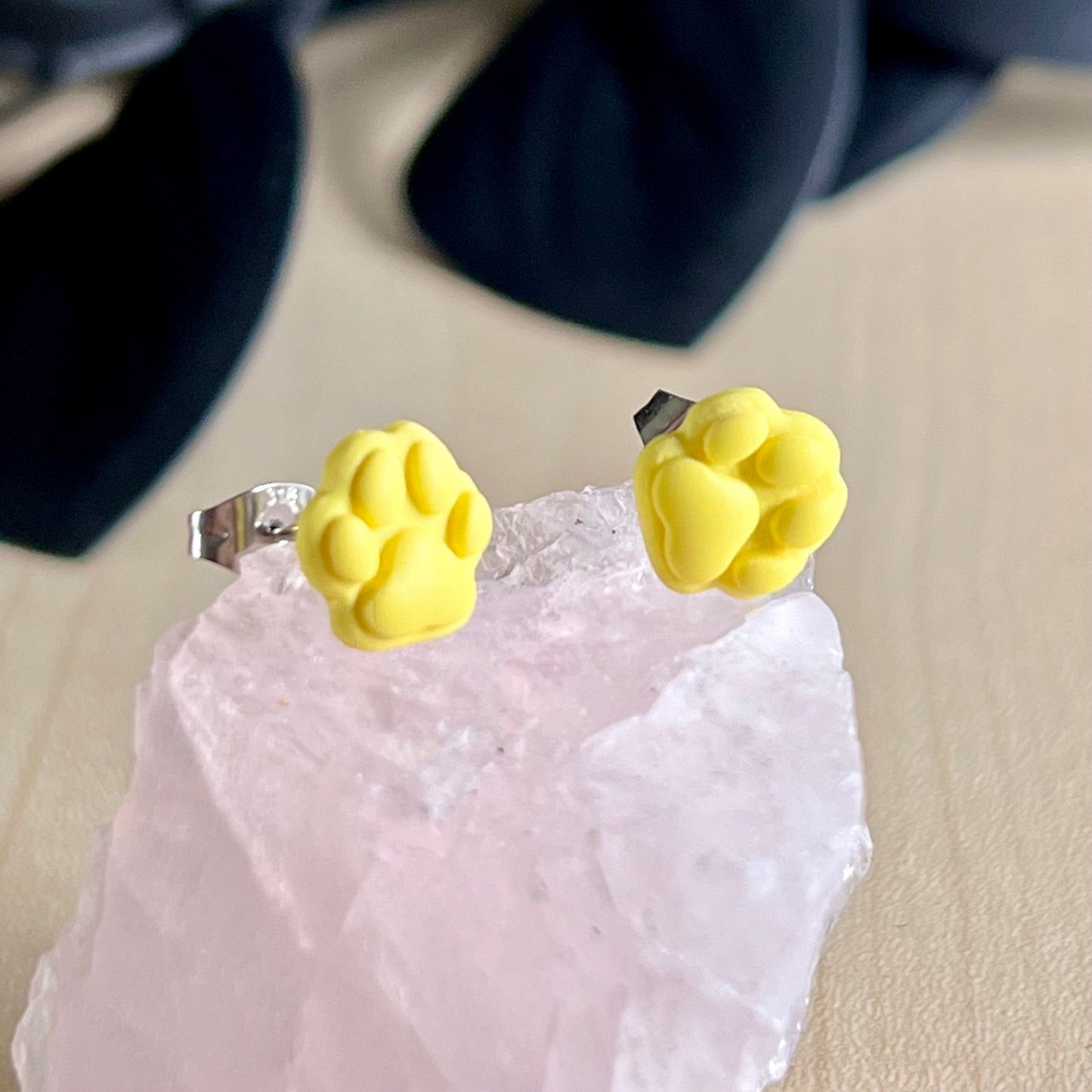 Small Paw print studs, lemon yellow, handmade earrings