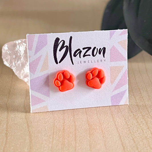 Small Paw print studs, orange, handmade earrings