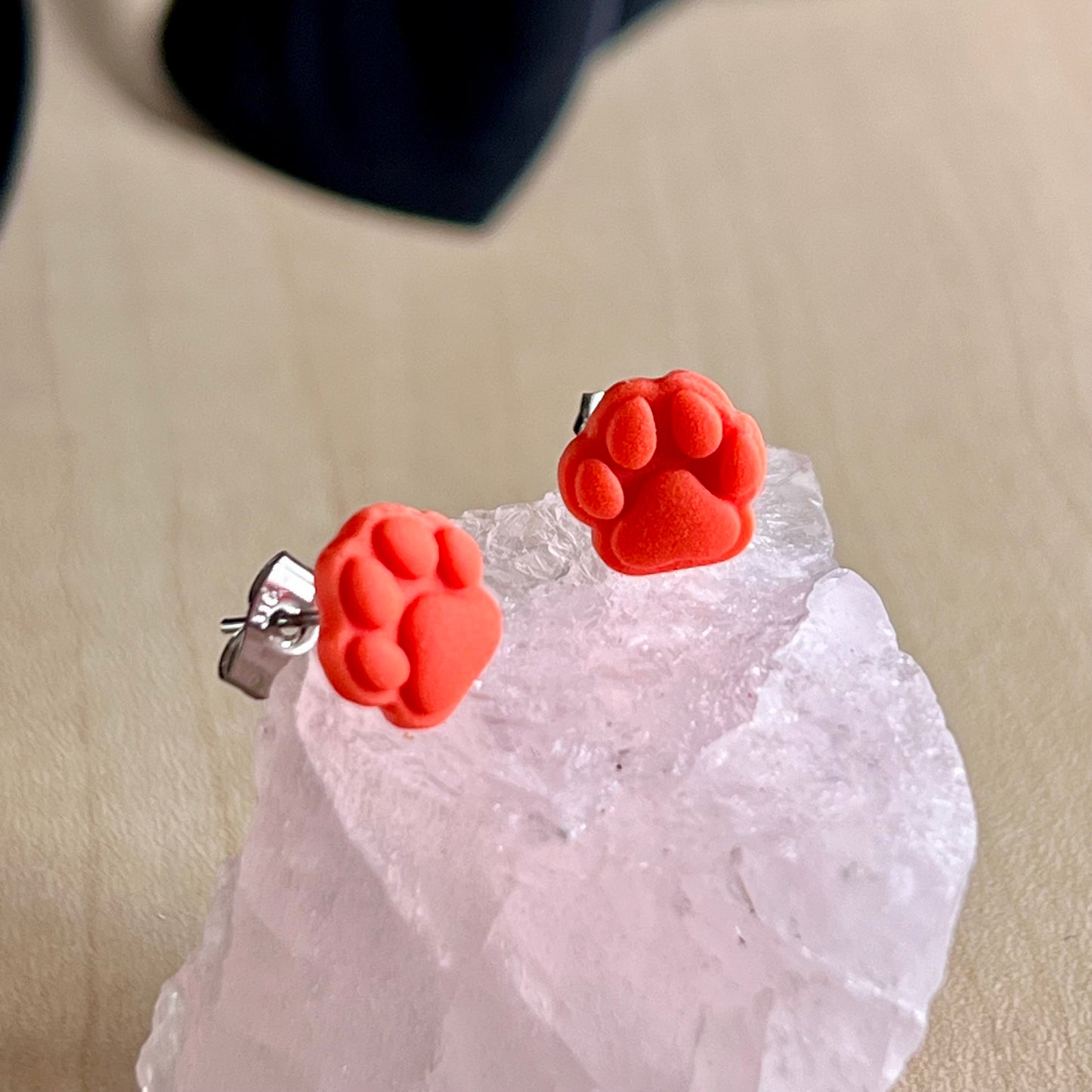 Small Paw print studs, orange, handmade earrings