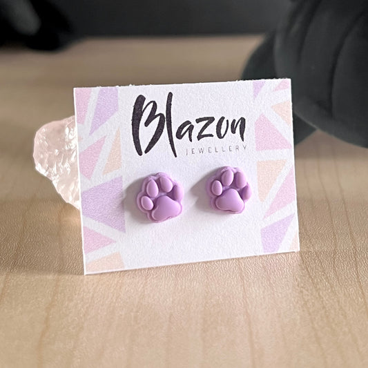 Small Paw print studs, lavender purple, handmade earrings