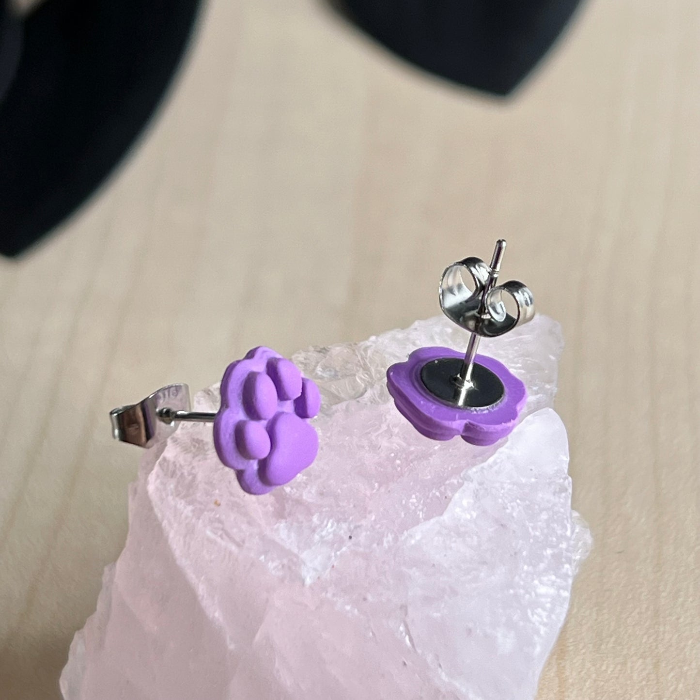 Small Paw print studs, purple, handmade earrings