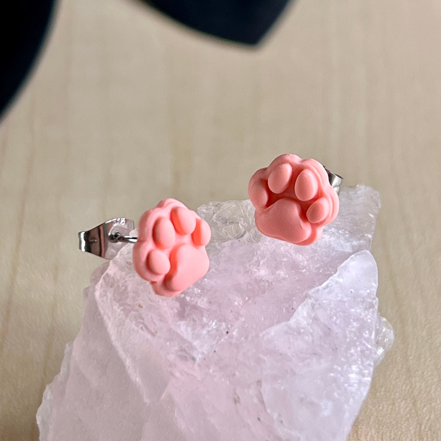 Small Paw print studs, light peach, handmade earrings