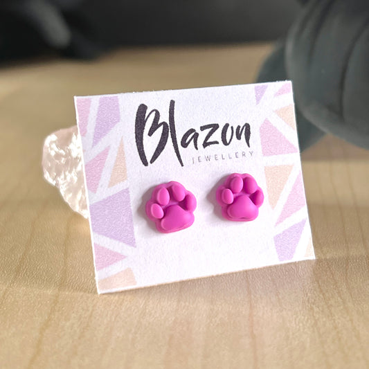 Small Paw print studs, candy pink, handmade earrings