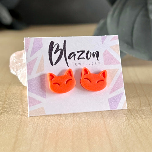 Medium cat head studs, orange, handmade earrings