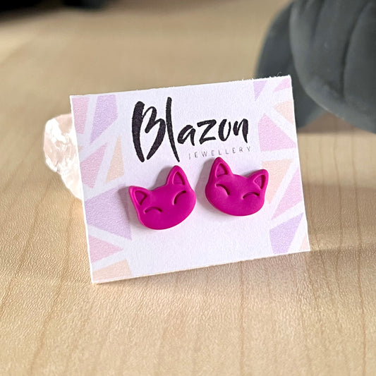 Medium cat head studs, dark pink, handmade earrings