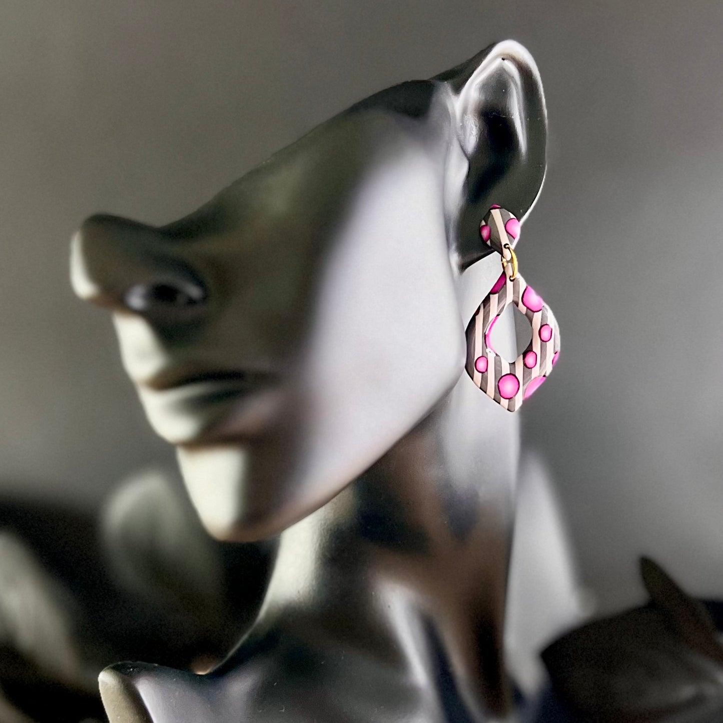 Teardrops, pink bubbles, grey stripes, handmade earrings