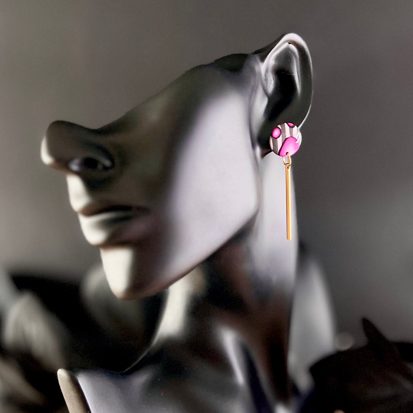Gold bar drops, pink bubbles, grey stripes, handmade earrings