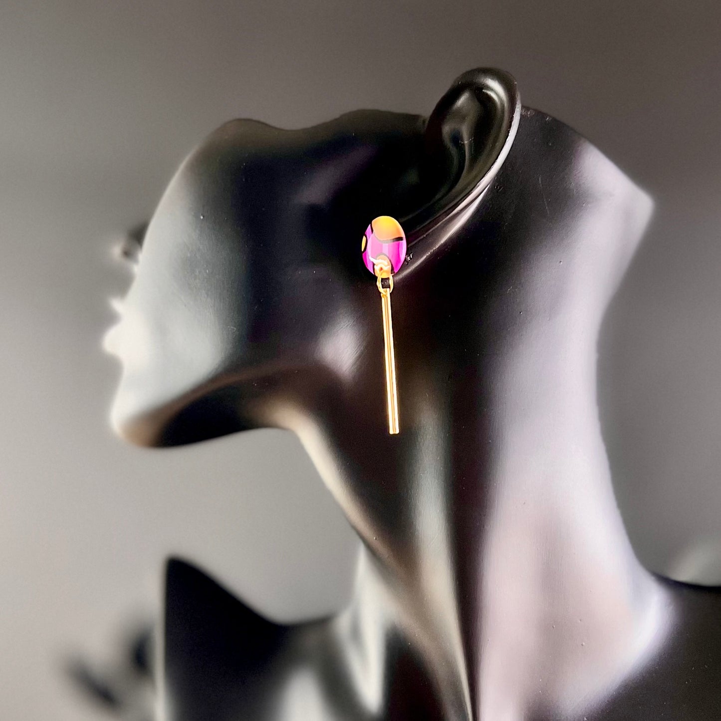 Gold bar drops, orange bubbles, pink and purple stripes, handmade earrings