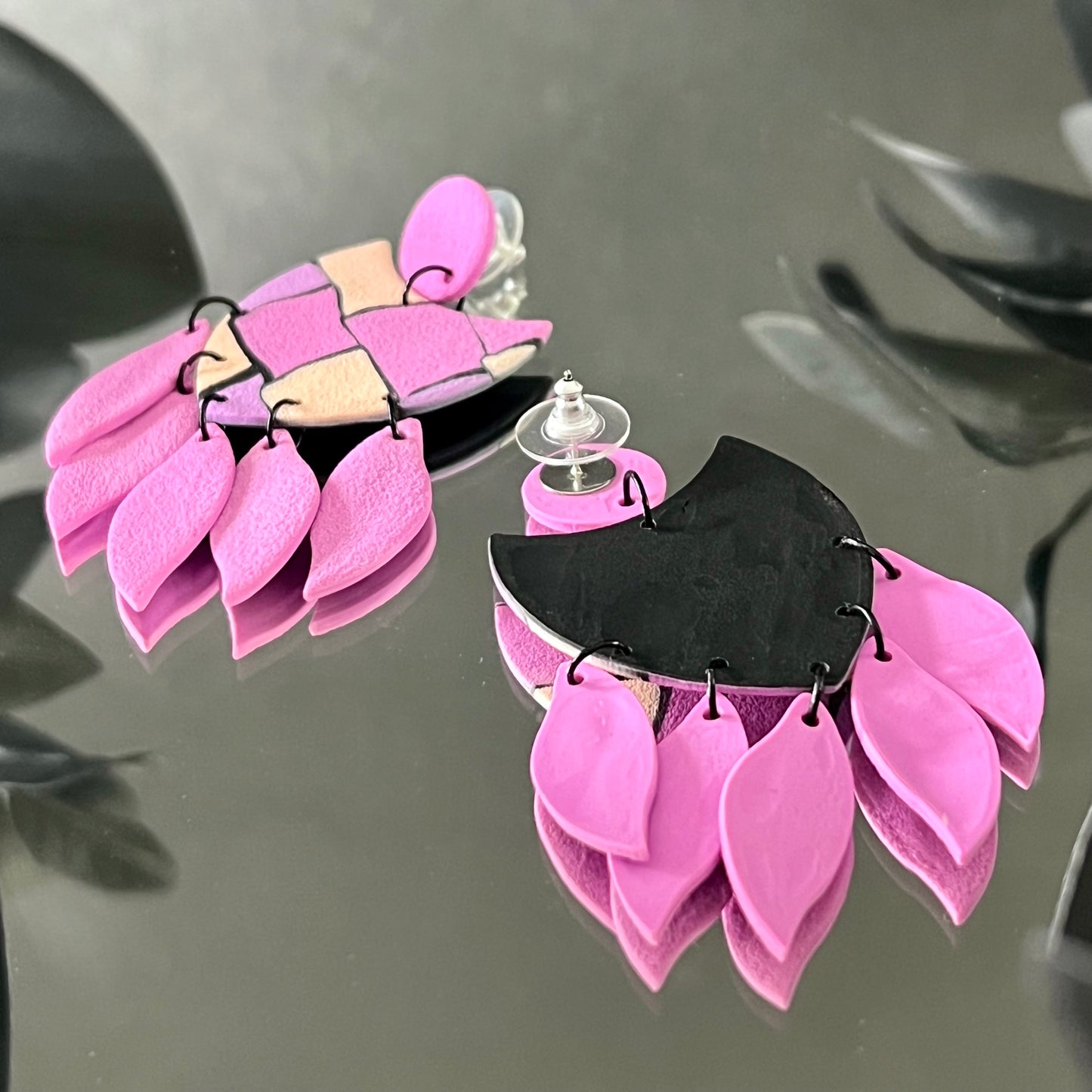 Large dangly earrings pink shield