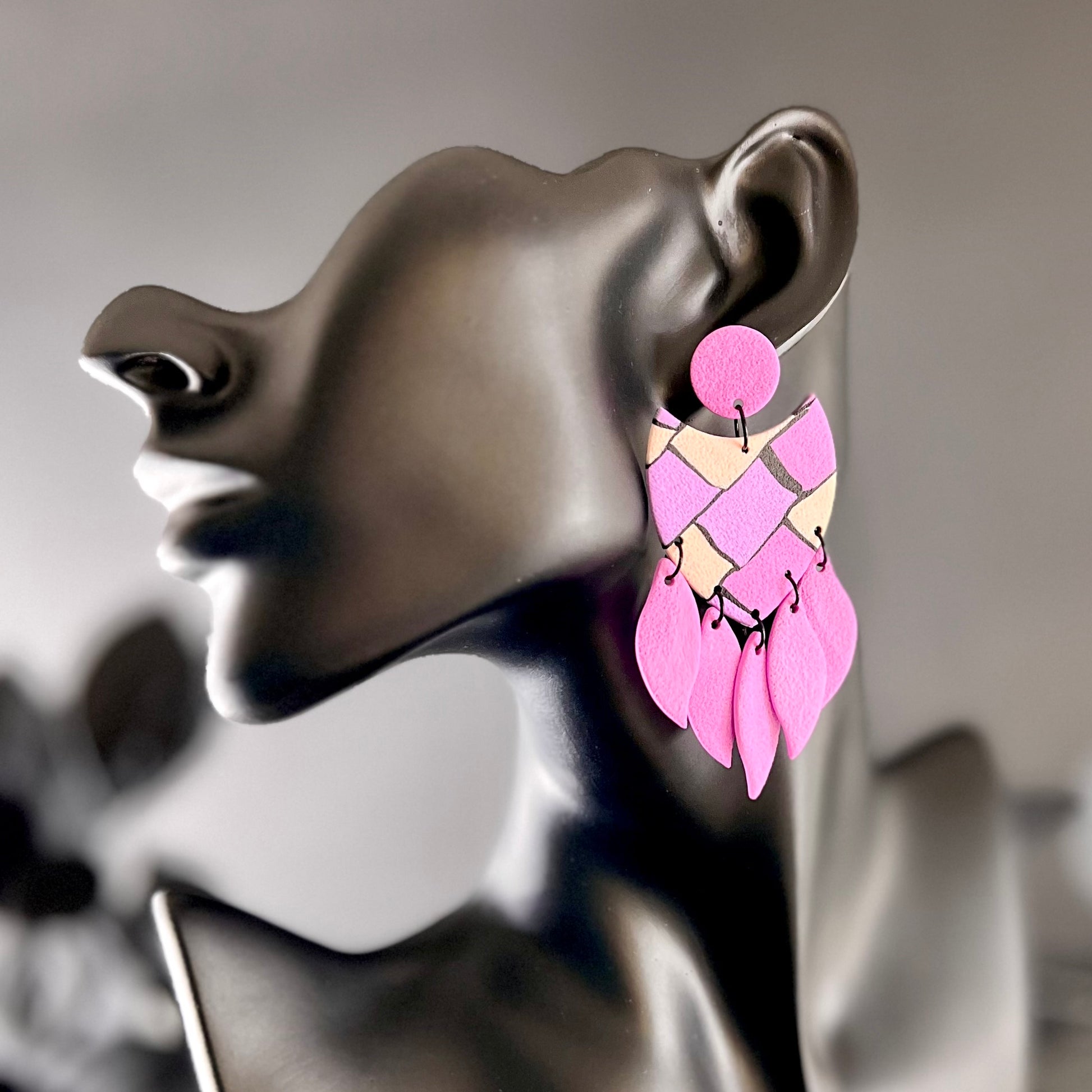 Large dangly earrings pink shield