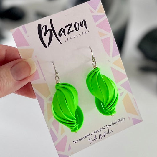 Twisted lantern earrings, bright green, stainless hook, handmade