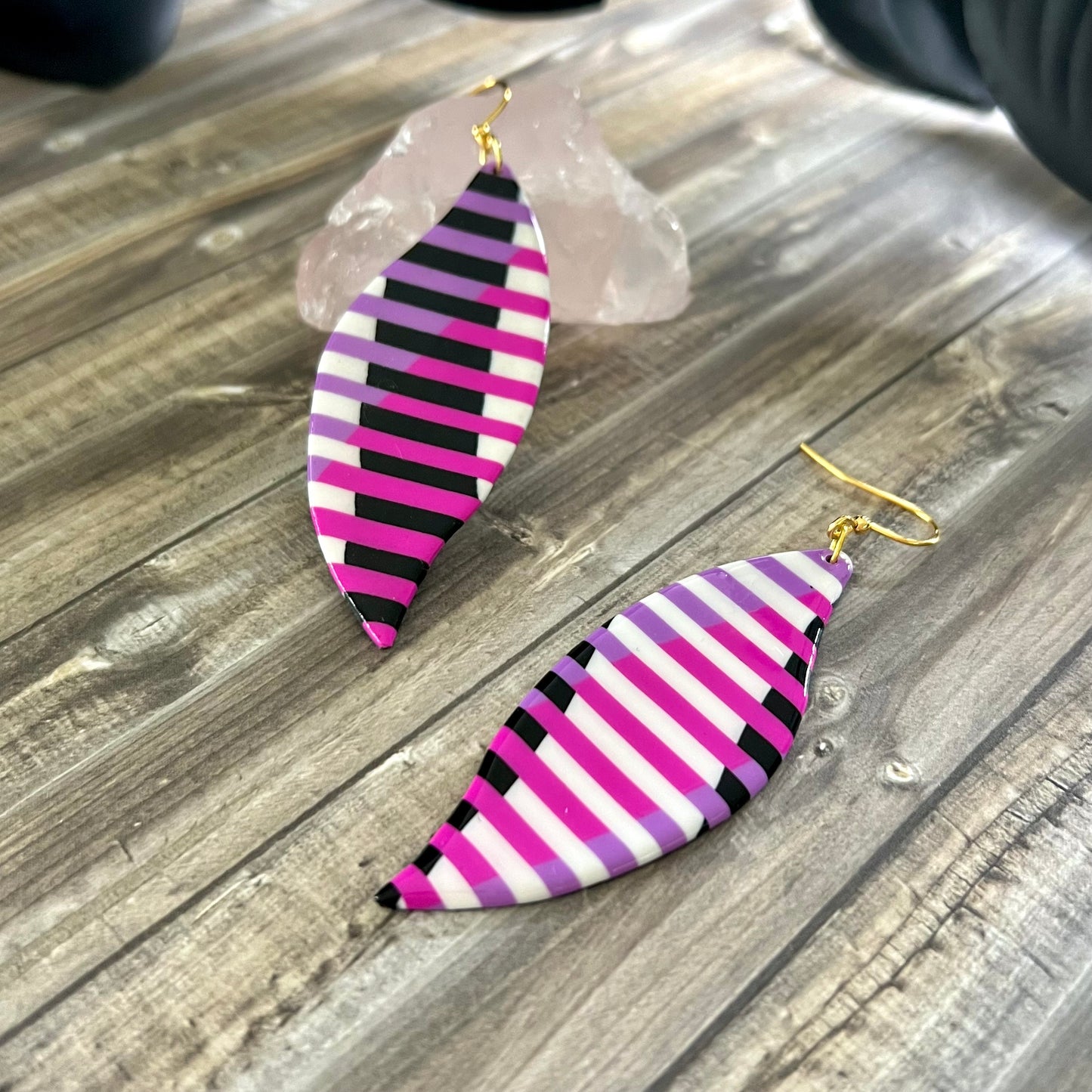 Extra large leaves, pink purple black white stripes, handmade earrings