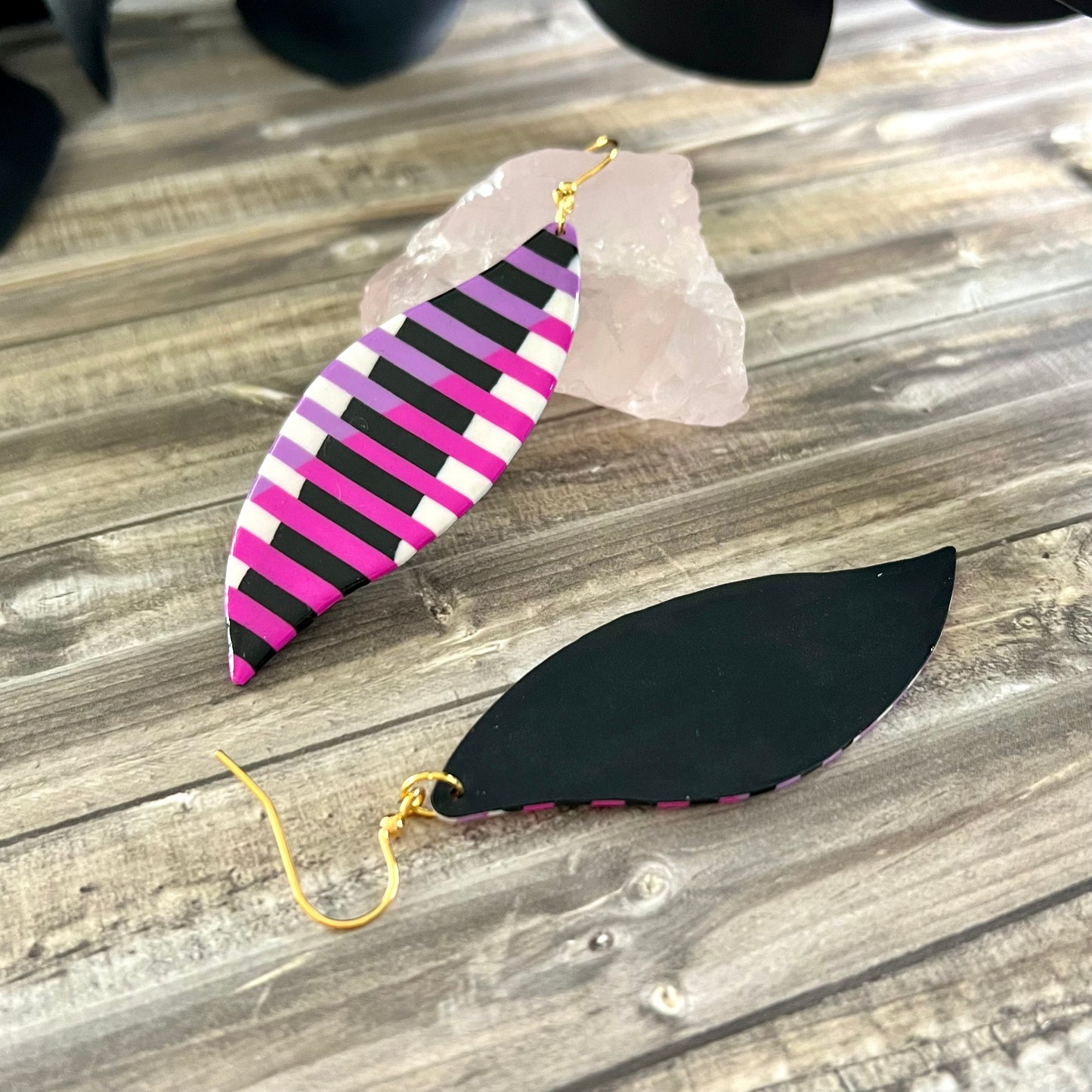 Extra large leaves, pink purple black white stripes, handmade earrings