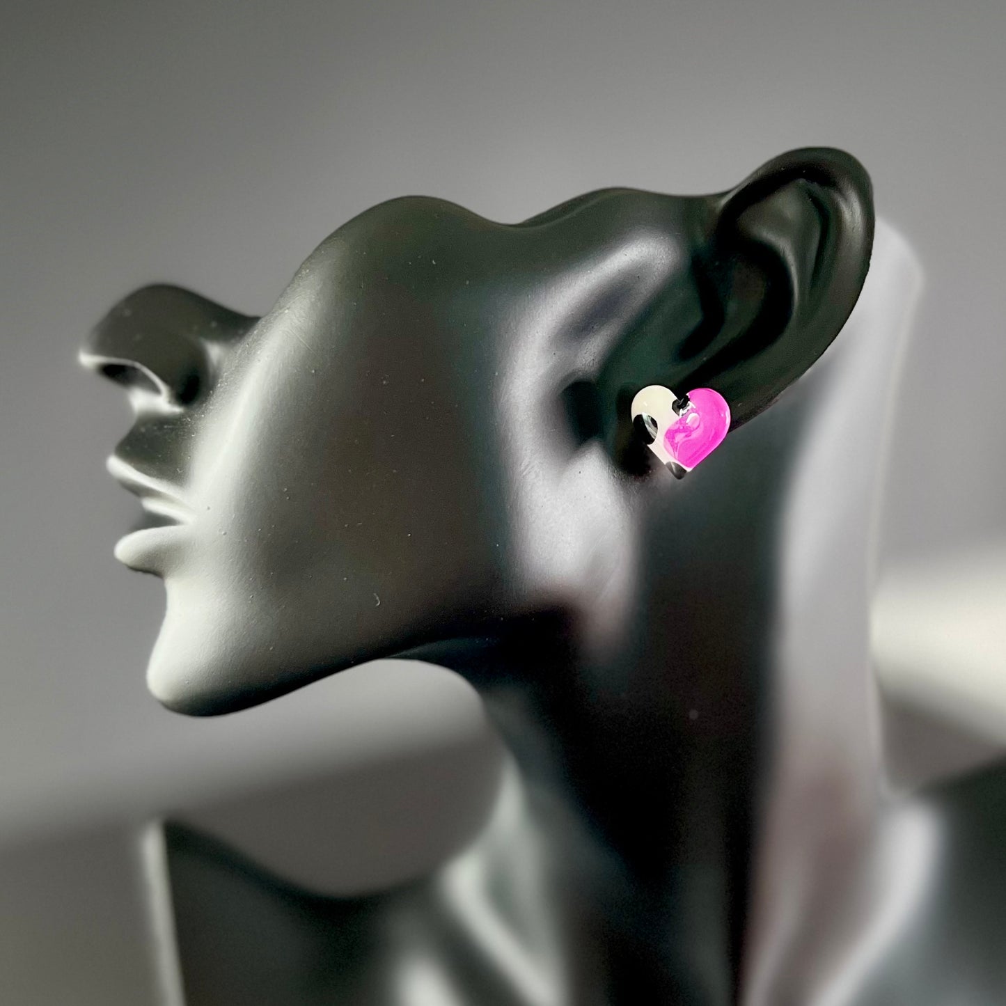 Small heart studs, pink, black & white spots, handmade earrings
