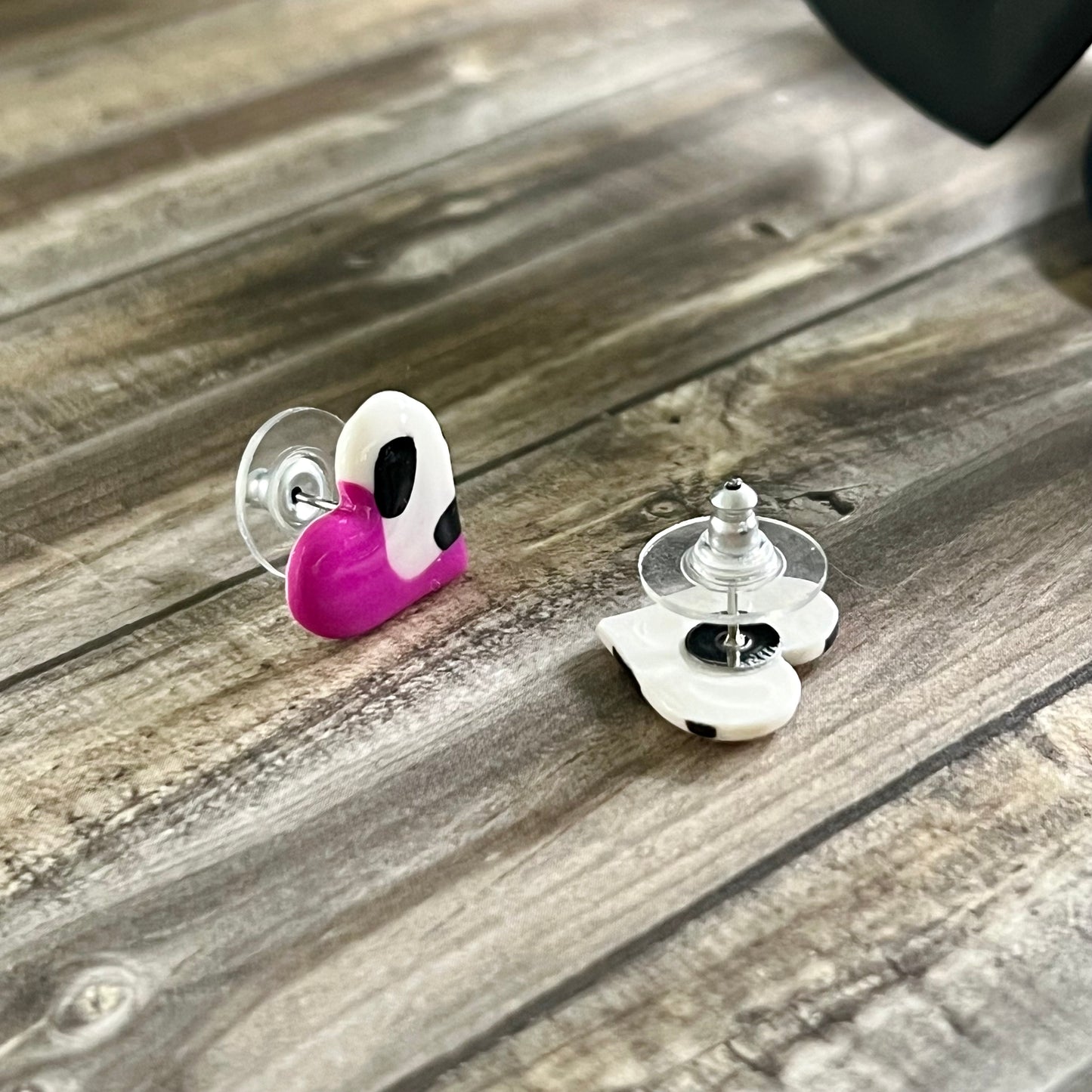 Small heart studs, pink, black & white spots V2, handmade earrings