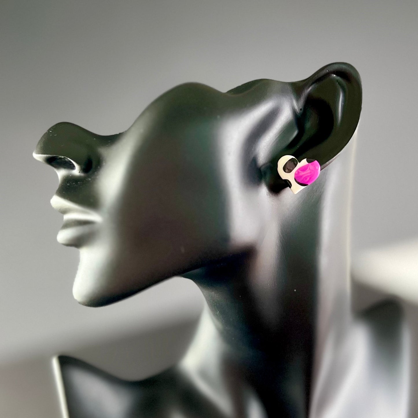 Small heart studs, pink, black & white spots V2, handmade earrings