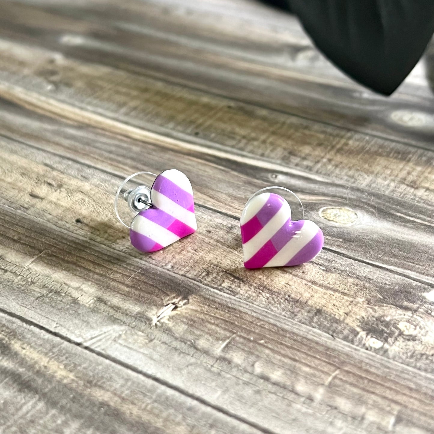 Small heart studs, pink purple white stripes, handmade earrings