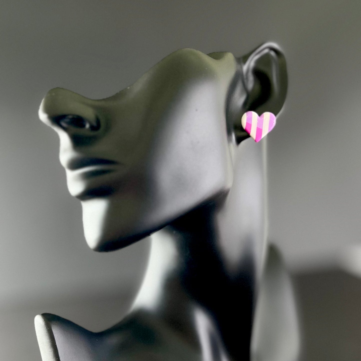 Small heart studs, pink purple white stripes, handmade earrings