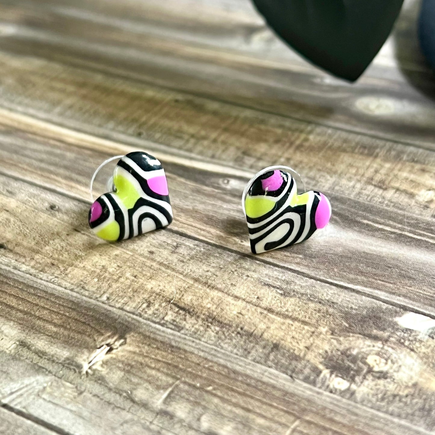 Small heart studs, pink, lime green, black & white swirls, handmade earrings