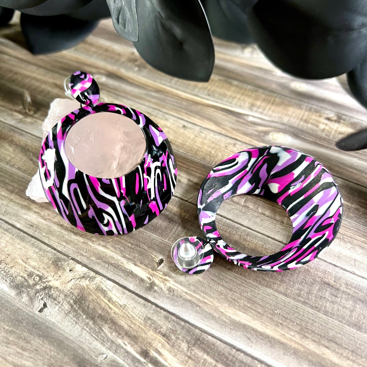 Extra large domed hoops, pink purple black white camouflage, handmade earrings
