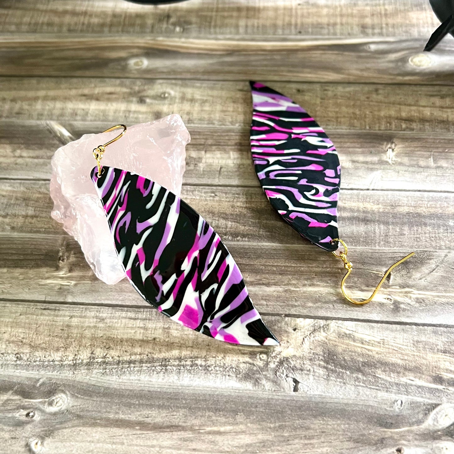 Extra large leaves, pink purple black white camouflage, handmade earrings