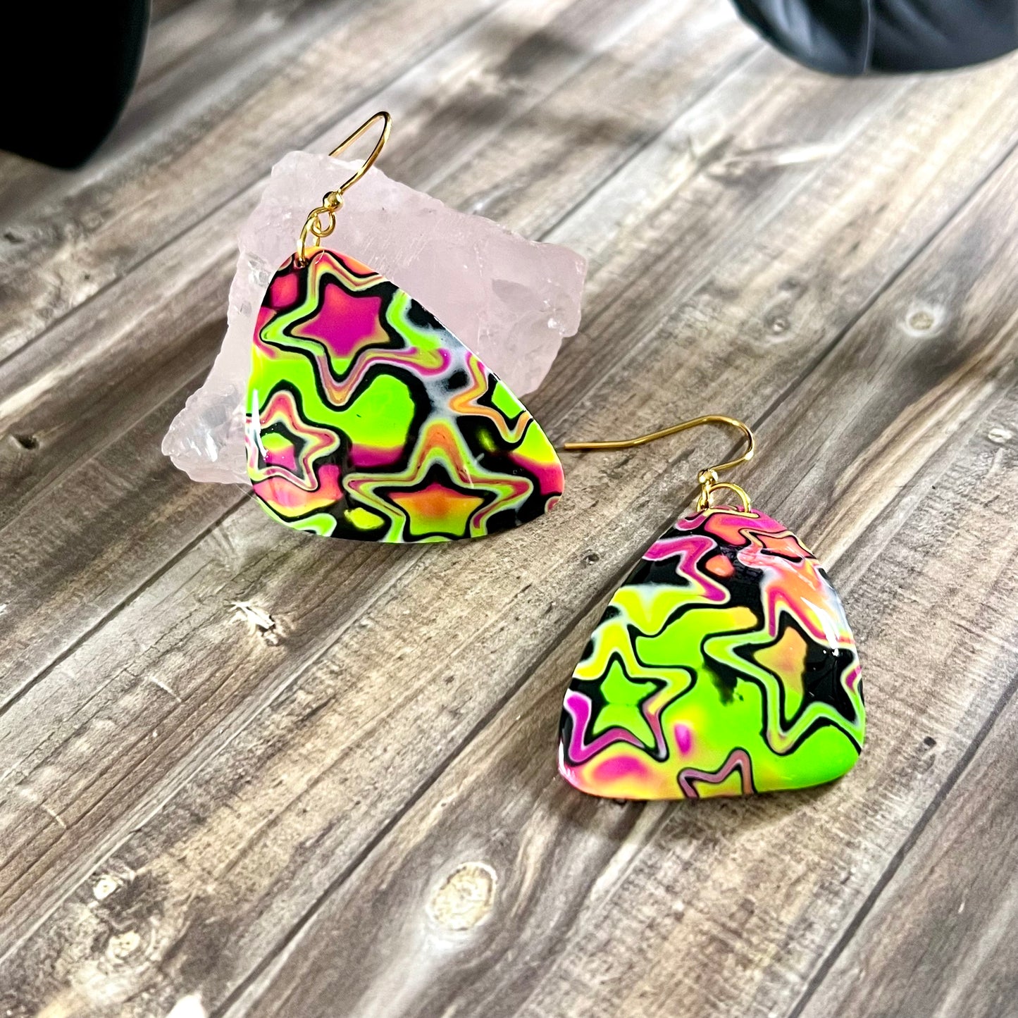 Large domed triangles, psychedelic stars, green yellow orange pink, handmade earrings