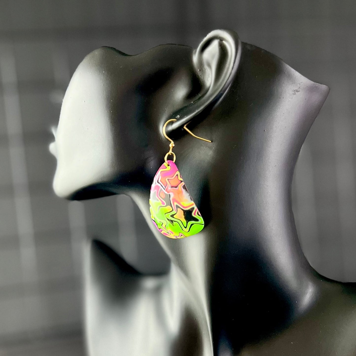 Large domed triangles, psychedelic stars, green yellow orange pink, handmade earrings